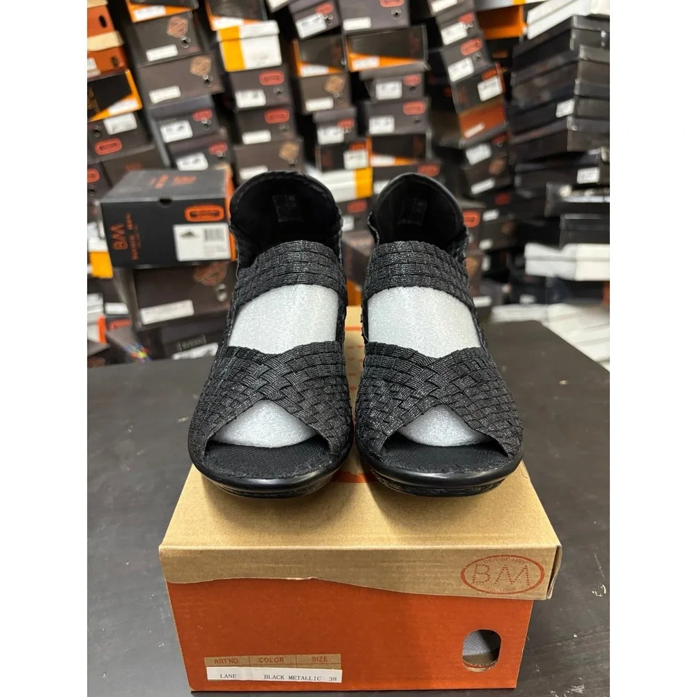 Bernie Mev Lane Black Metallic Woven Wedge Sandals Size 38 US 7-7.5